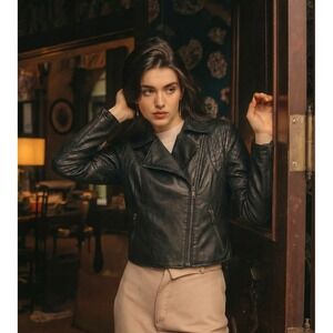 Hunt No More Women's Premium Genuine Black Leather Moto Biker Jacket Size SM